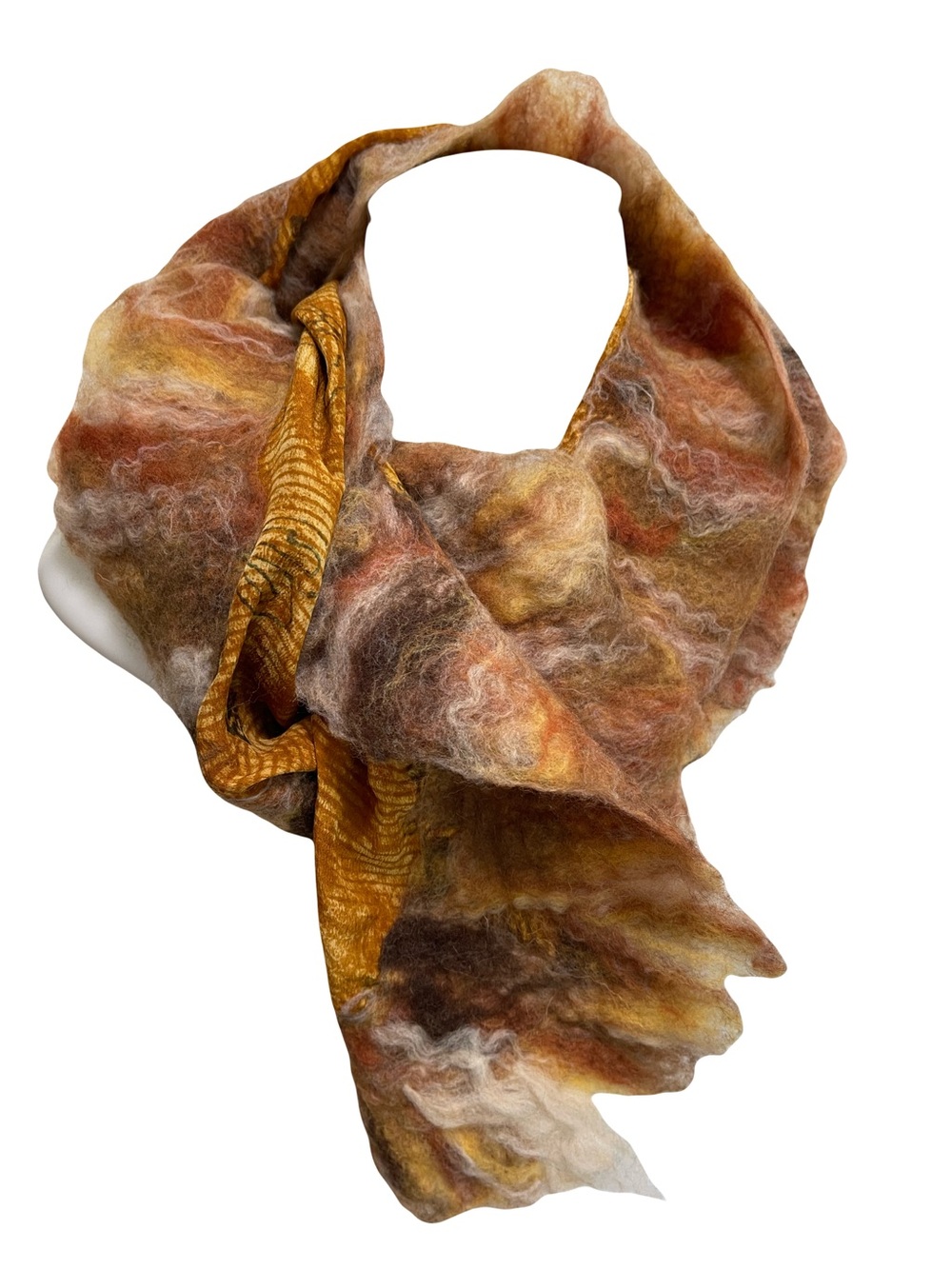 Handcrafted Nuno Felted Wool Scarf in Brown and Gold Tones